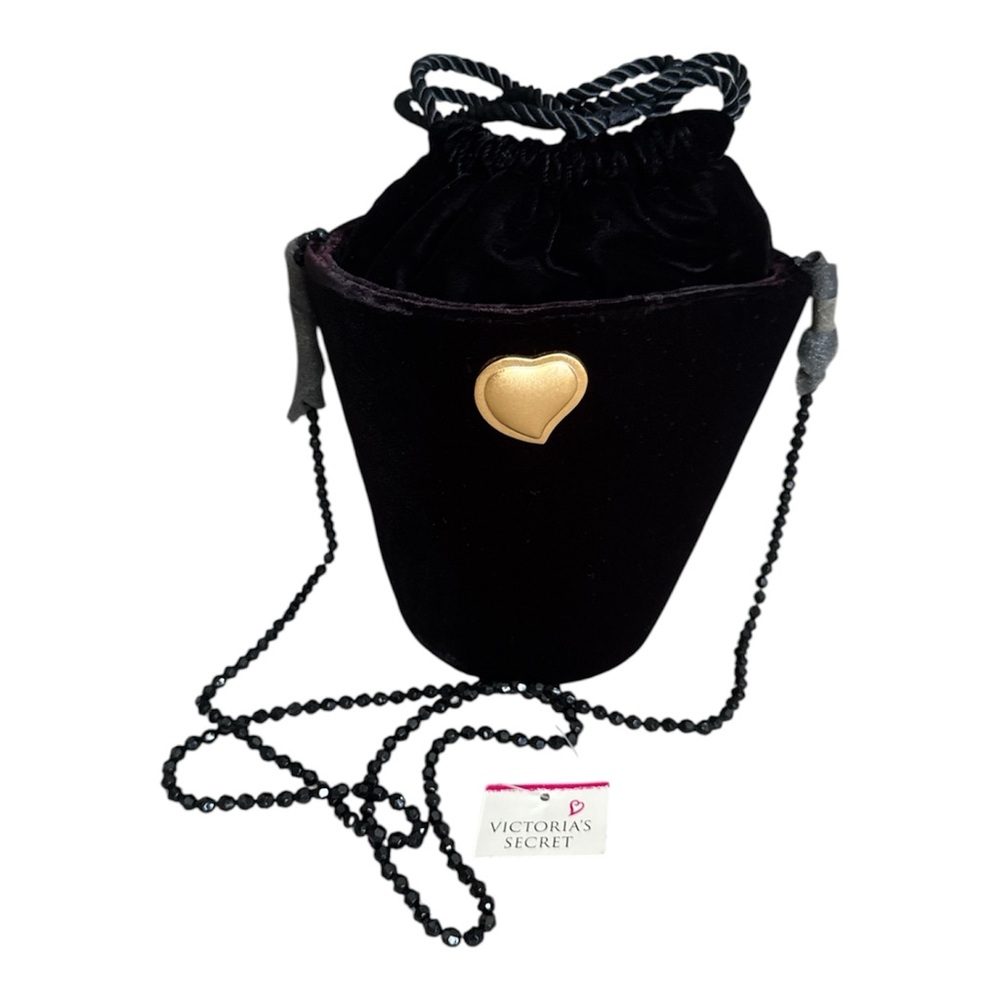 Vintage Victoria Secret Bucket Satchel Crossbody Black Velvet Drawstring Close